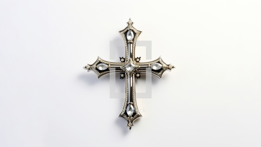 Silver cross jewelry with five diamonds set against a white background. 