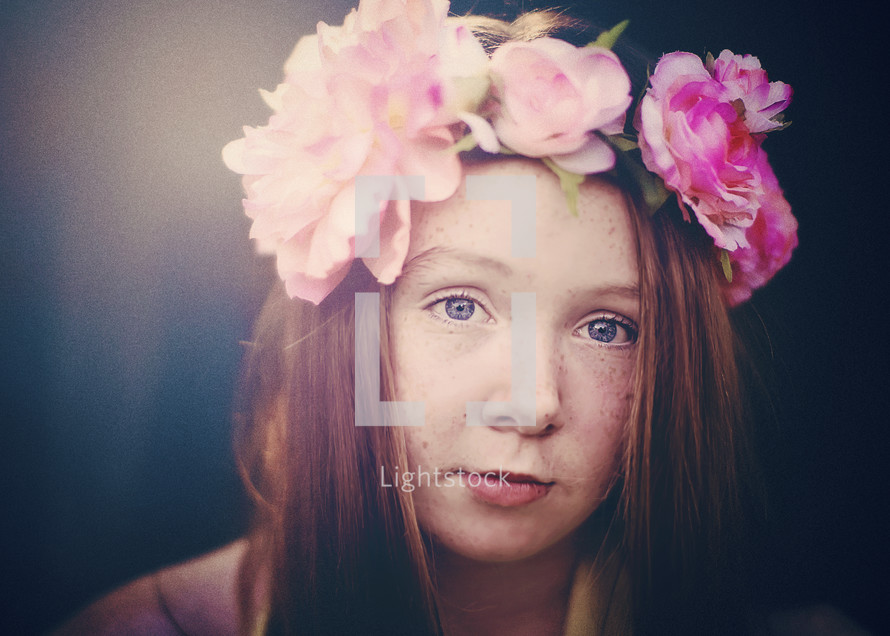 girl, child, flowers in her hair, crown of flowers, portrait 