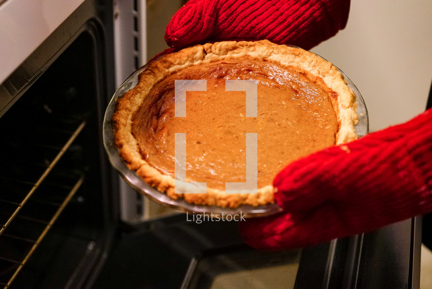 taking a pumpkin pie out of the oven 