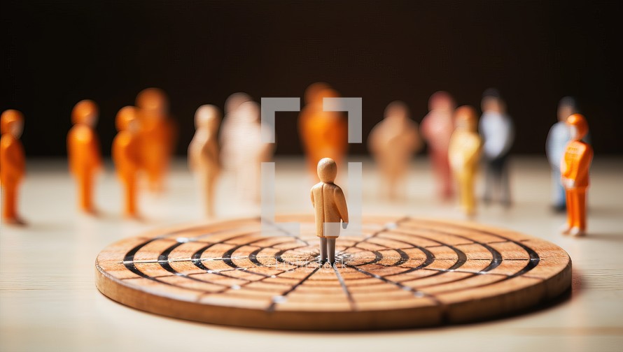 Miniature people : Businessman standing on dart board with target. Leadership and management concept.