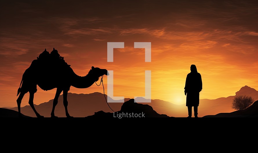 Silhouette of a Muslim man with camel in the desert at sunset