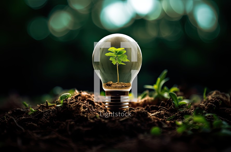 Green sprout growing inside of light bulb. Ecology and environment concept.