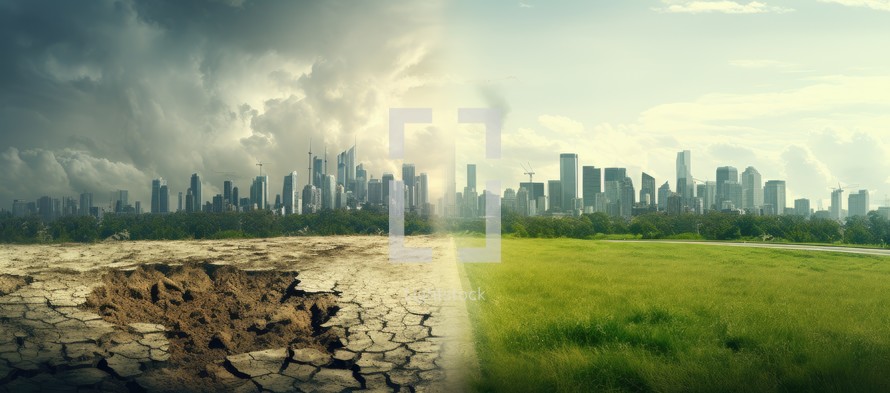 Drought and cracked ground with cityscape panorama. Global warming concept