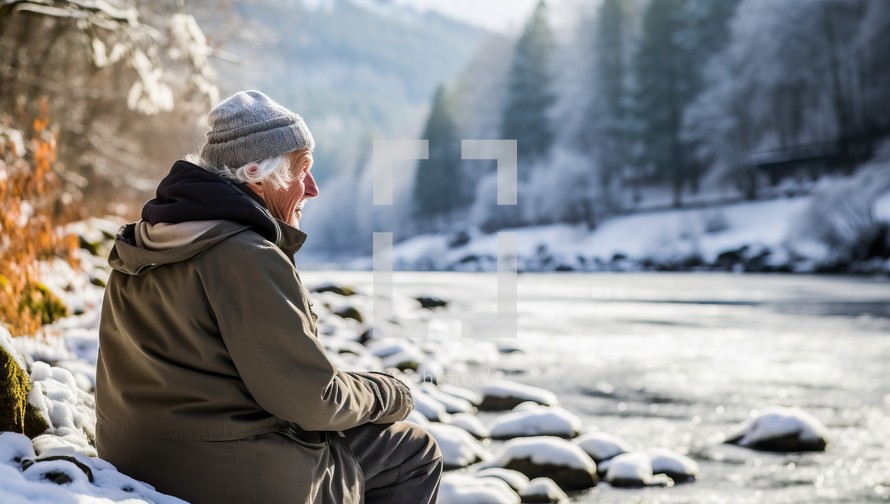 Senior man sitting on the bank of a frozen mountain river in winter