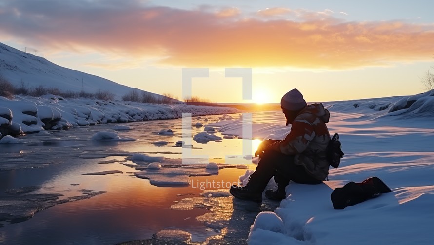 A man sits on the bank of a frozen river and looks at the sunset