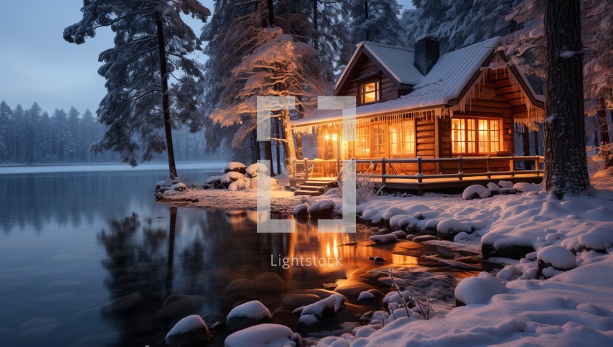 Beautiful wooden house on the lake at night. Winter landscape.