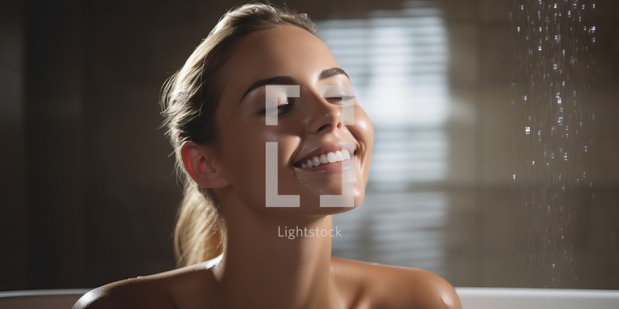 Beautiful young woman taking a bath in the bathroom.