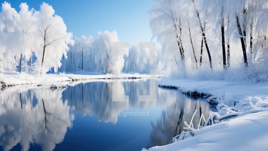 Beautiful winter landscape with river and trees in hoarfrost.