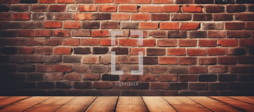 Brick wall and wooden floor against digitally generated image of wooden planks