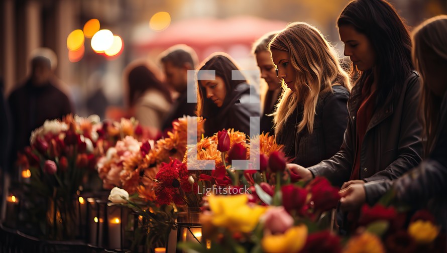 Group of beautiful young women choosing flowers at a flower market