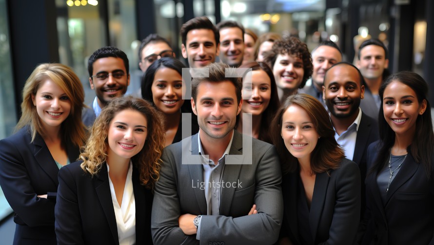 Portrait of a group of smiling business people standing in a row
