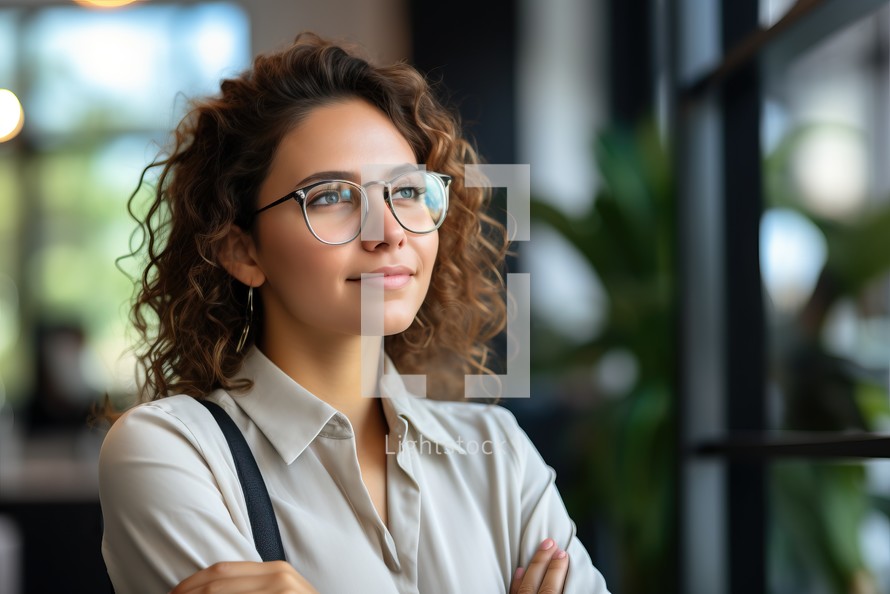 portrait of young businesswoman in eyeglasses looking away in office