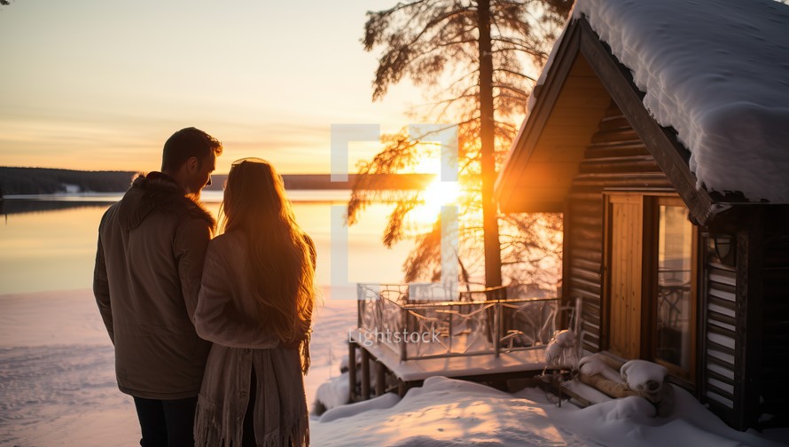 Couple in love looking at the sunset on the lake in winter