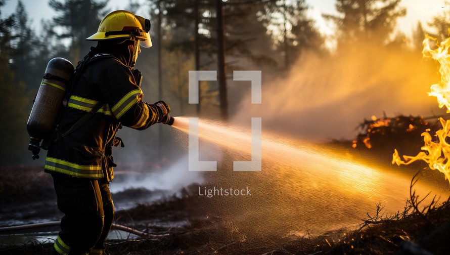 Firefighter fighting a fire in the forest at sunset. Firefighter in action.