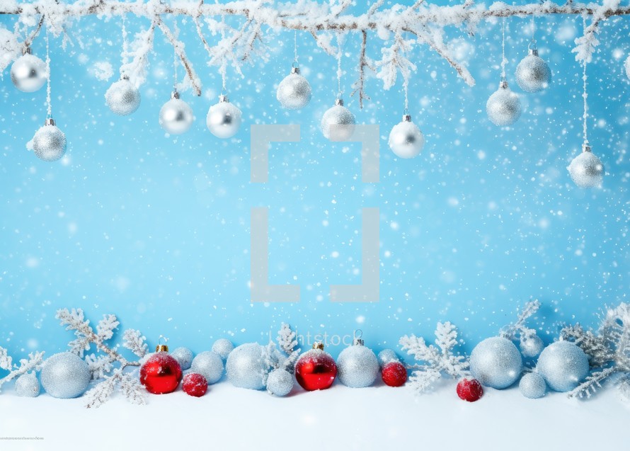 Christmas background with snowflakes and christmas balls on blue background