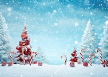 Christmas background with candy canes and fir trees in snowdrift