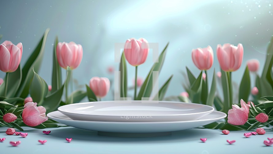 Empty white plate and pink tulips on blue background
