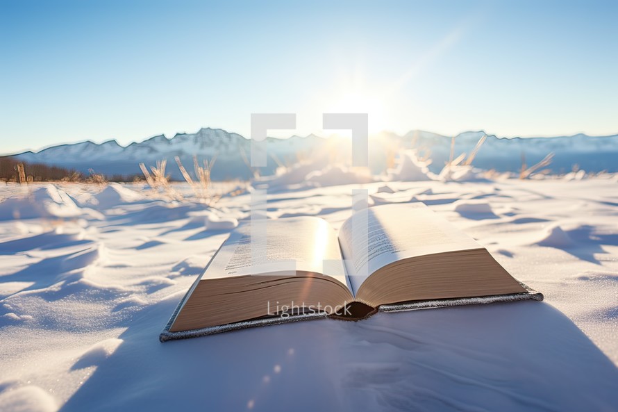 Open book on snow with mountains in the background. Winter landscape.
