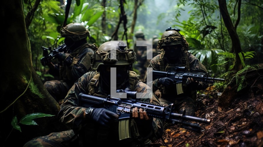 soldiers with assault rifle in the jungle.