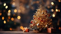 Christmas tree with gifts on wooden table against blurred festive lights background.