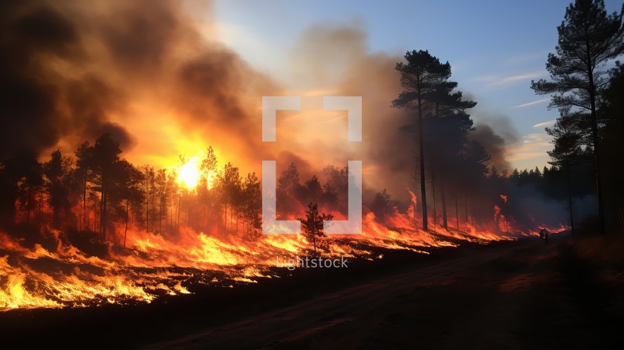 Forest fire, burning pine trees in the forest, natural disaster.