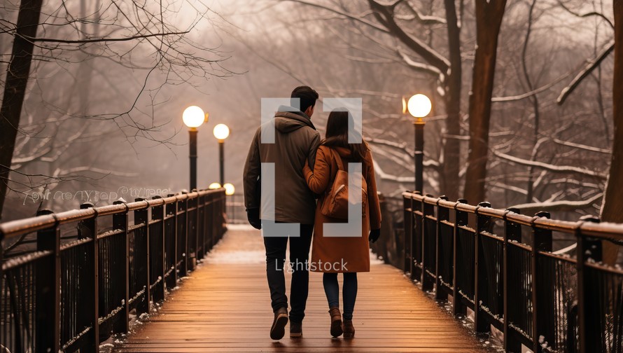 Couple in love walking on a wooden bridge in a winter park