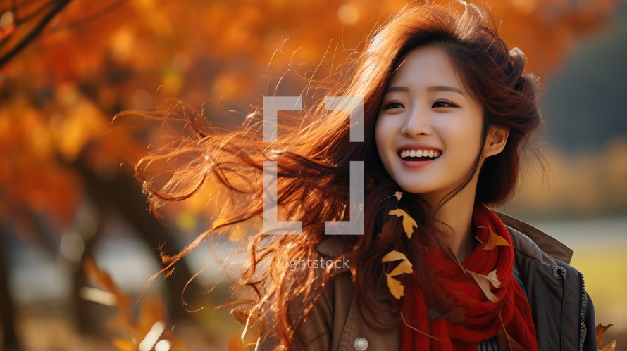 Portrait of a beautiful asian woman smiling in the autumn park