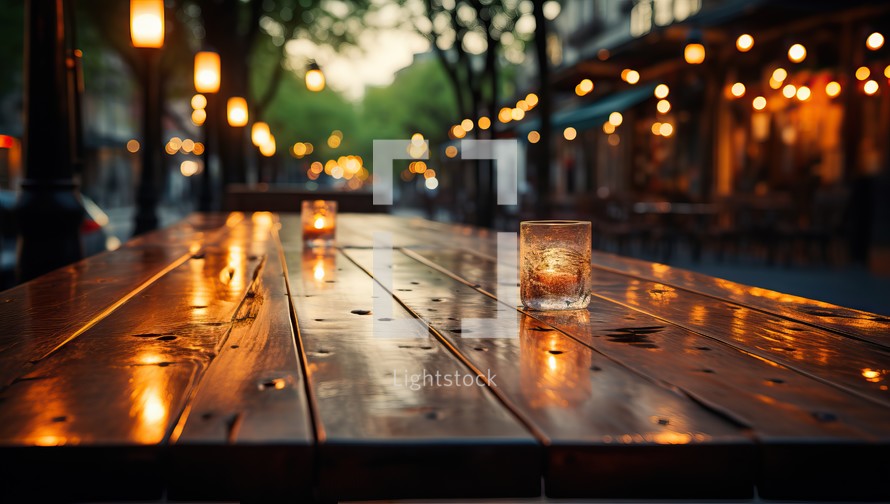 Glass of whiskey on a wooden table in the street at night.