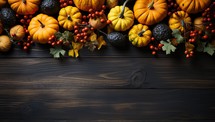 Autumn background with pumpkins, berries and leaves on dark wooden background.