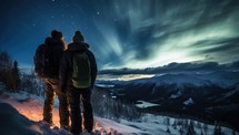Couple in winter mountains at night with aurora borealis.