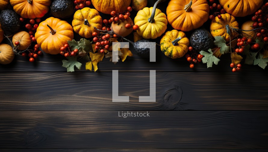 Autumn background with pumpkins, berries and leaves on dark wooden background.