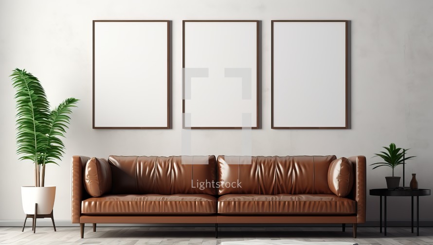Mock up poster frame on wall in living room interior with brown leather sofa