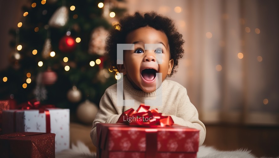 Portrait of a cute african-american baby boy sitting on the floor near the Christmas tree and holding a gift box
