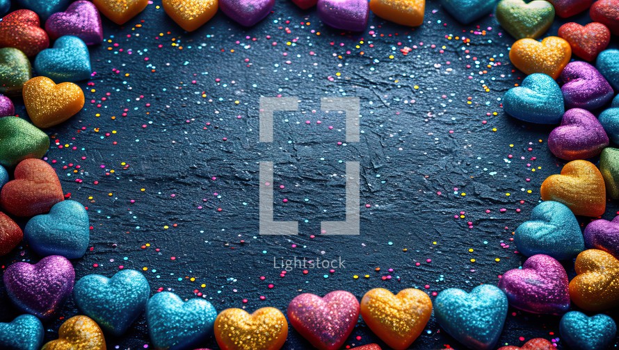 Valentine's Day background with Colorful Heart Shaped Objects Surrounding a Dark Textured Surface