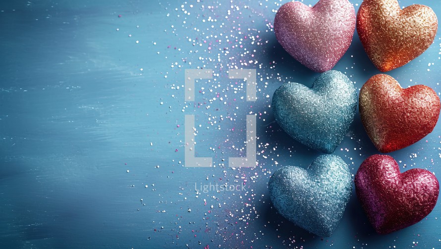 Colorful hearts on blue wooden background. Valentines day concept.