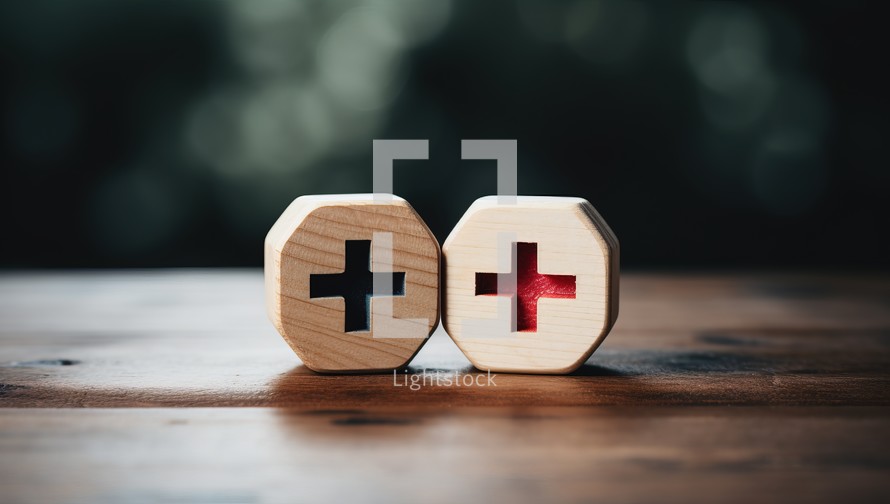Conceptual image of red plus and white cross on wooden cubes.