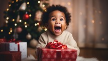 Portrait of a cute african-american baby boy sitting on the floor near the Christmas tree and holding a gift box