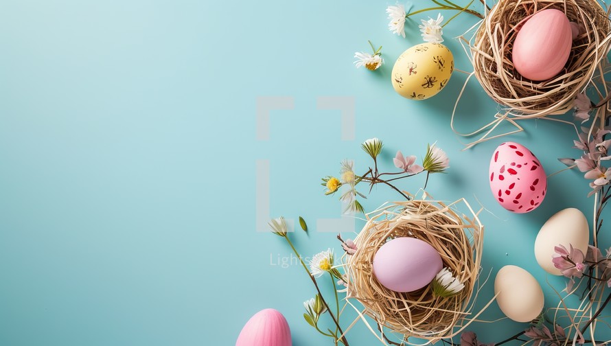 Colorful Easter eggs in nests with spring flowers on a blue background