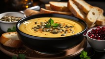 Bowl with tasty pumpkin soup on table, closeup. Healthy food