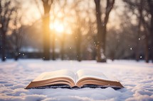 Open book in the snow in the park in the winter at sunset