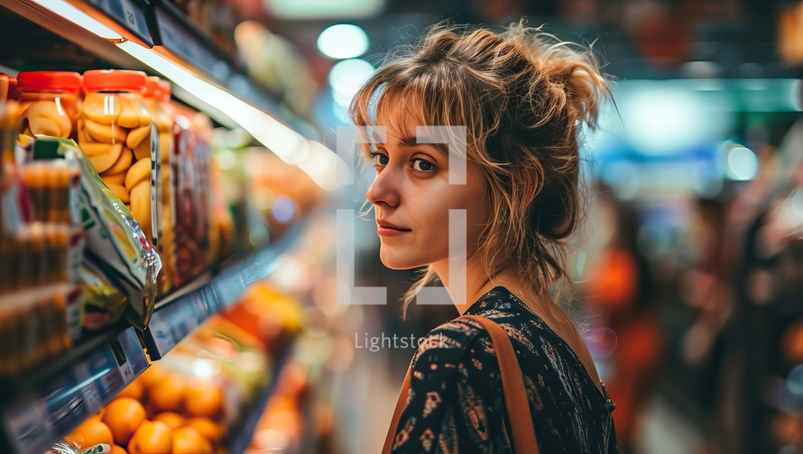 Young woman shopping in the supermarket, looking for food and choosing fruits.