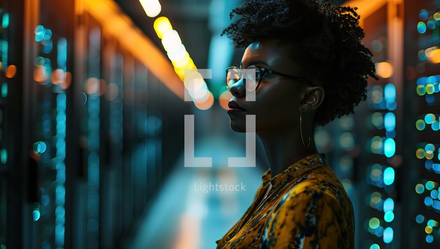 African American woman with afro hairstyle and glasses in Data Center