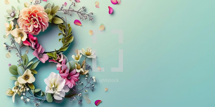 8 March. International Women's Day. Greeting card. Floral wreath.