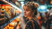 Young woman shopping in the supermarket, looking for food and choosing fruits.