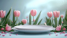 Empty white plate and pink tulips on blue background
