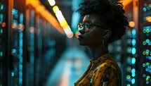 African American woman with afro hairstyle and glasses in Data Center