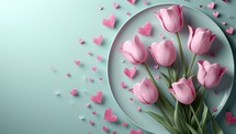 Valentine's Day background with pink tulips and hearts