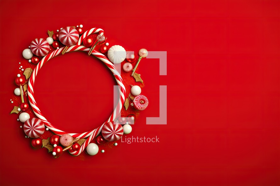 Christmas background with candy canes, lollipops and red berries