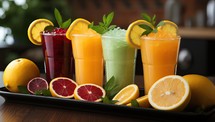 Composition with different fresh juices on wooden table in cafe, closeup