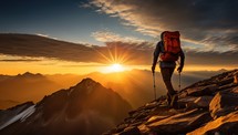 Hiker in the mountains at sunset. Sport and active life concept